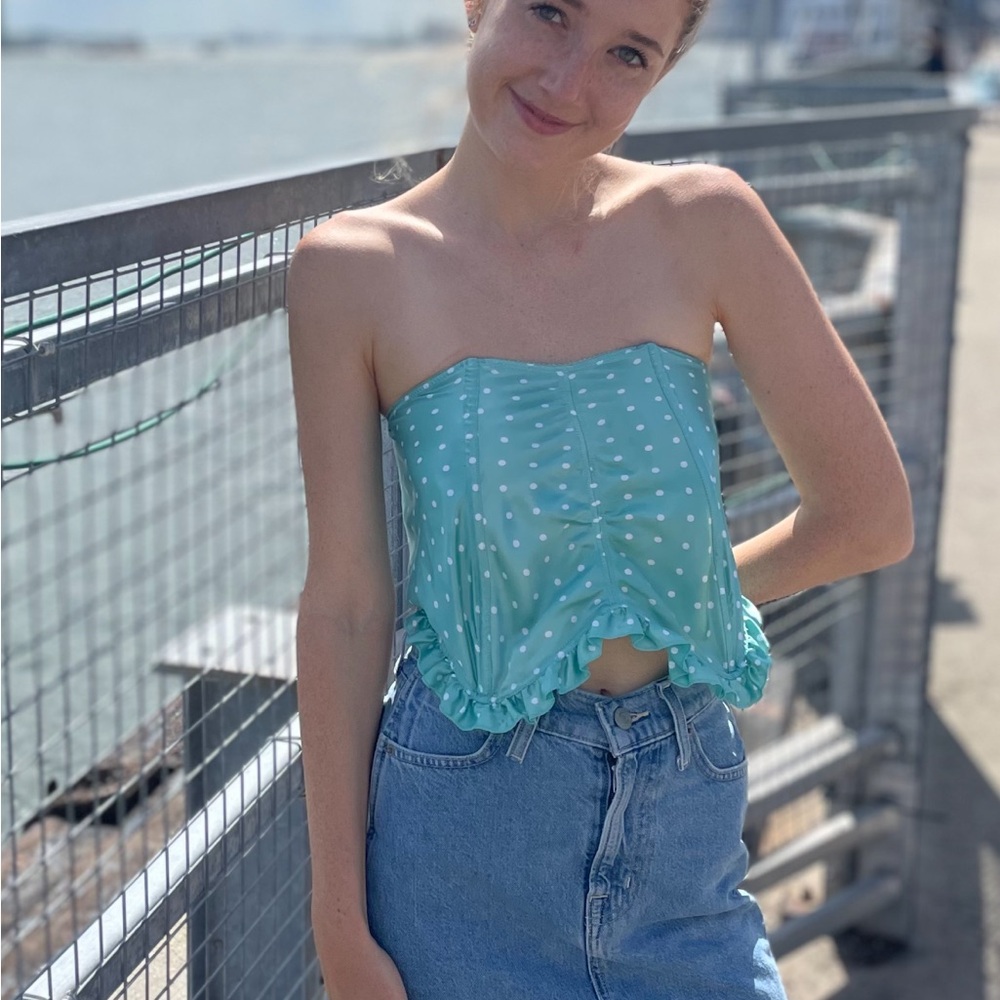 Valentino vintage bustier aquamarine polka dot top